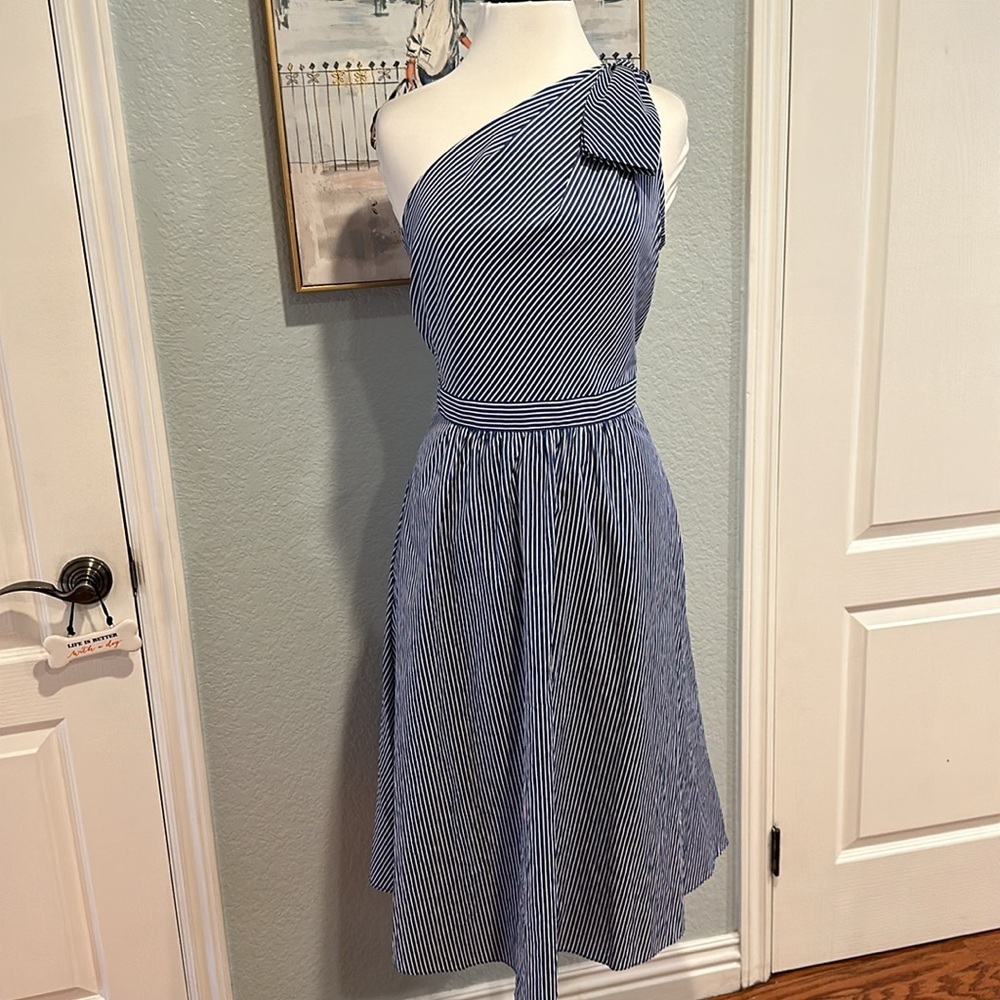 Macy’s ECI New York Size 10 Blue/White One Shoulder Diagonal Striped Dress